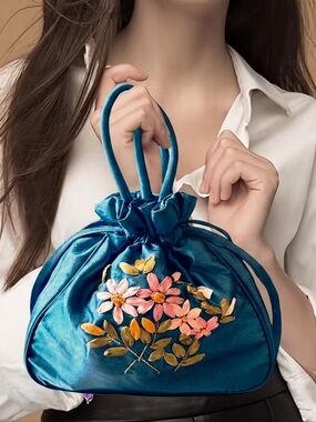 Teal Satin Drawstring Floral Embroidered Women's Handbag